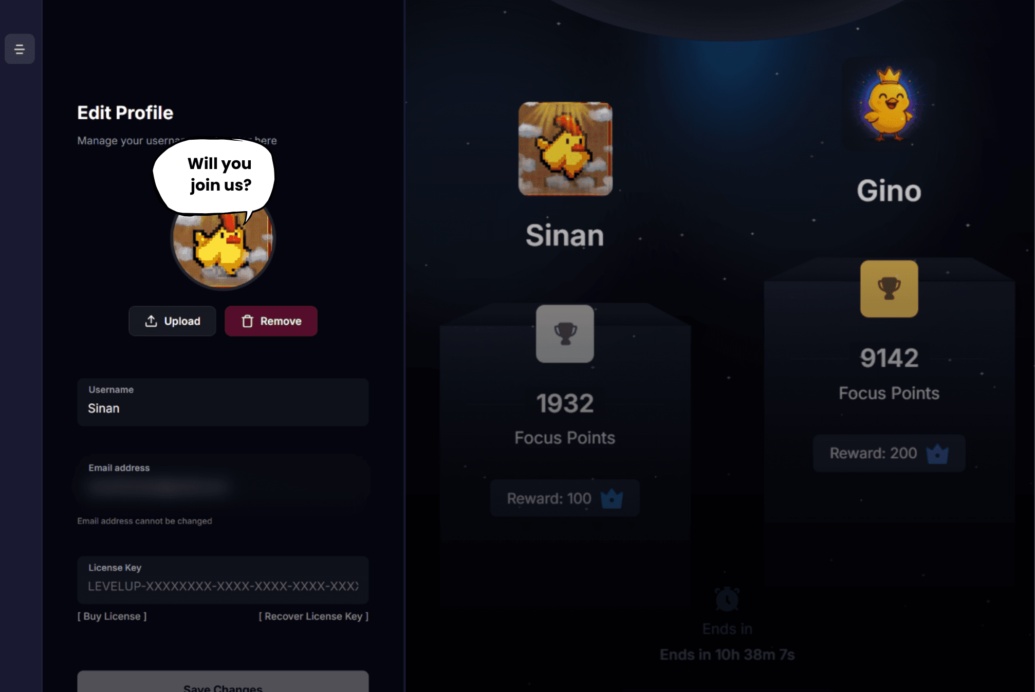 The LevelUp profile page next to the leaderboard podium: a pixel-chick avatar with the speech bubble "Will you join us?", beside it Sinan with 1932 Focus Points and Gino leading with 9142 and a crown