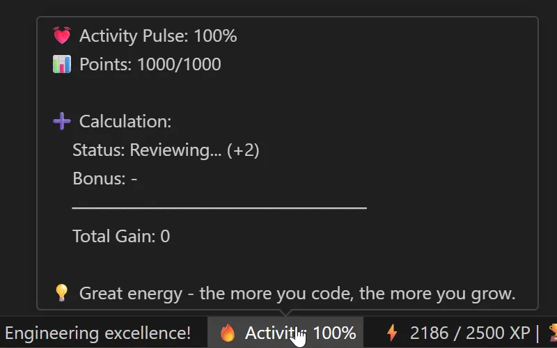 The Activity tooltip in emoji style, showing the activity pulse at 100%, the point store at 1000 of 1000 and the calculation for the current state
