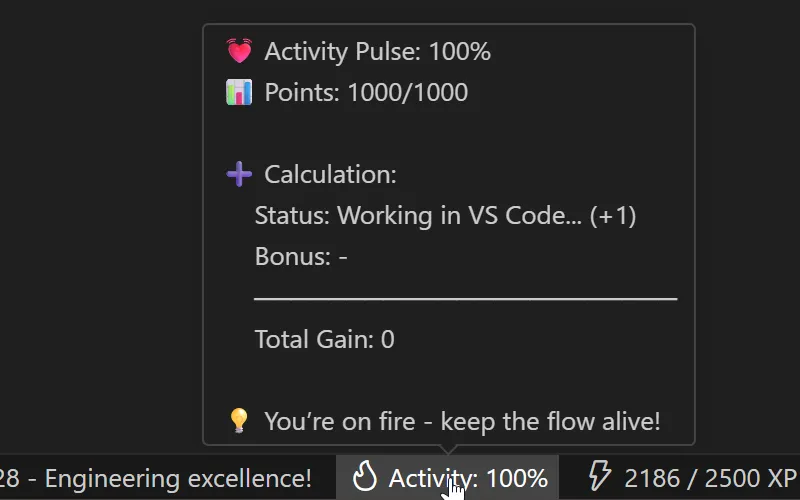 The same Activity tooltip in mixed style: emojis inside the tooltip, VS Code icons in the status bar