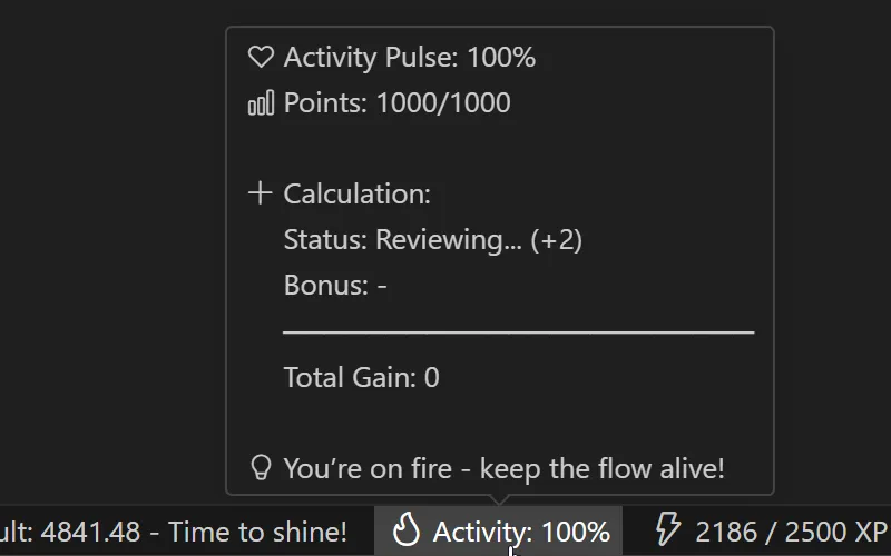 The same Activity tooltip in native style: VS Code codicons throughout, in the tooltip and the status bar
