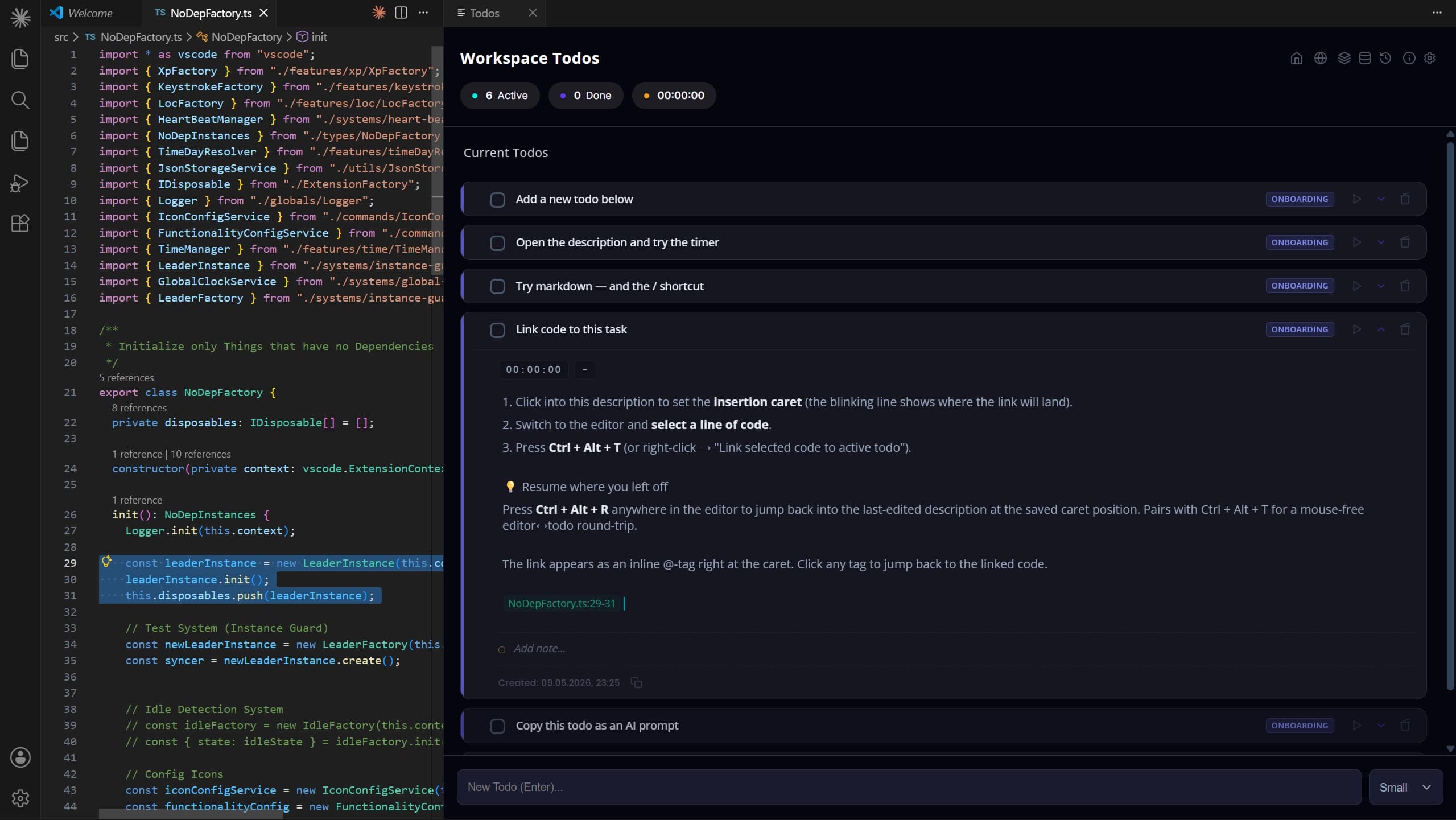 Workspace Todos sidebar with code