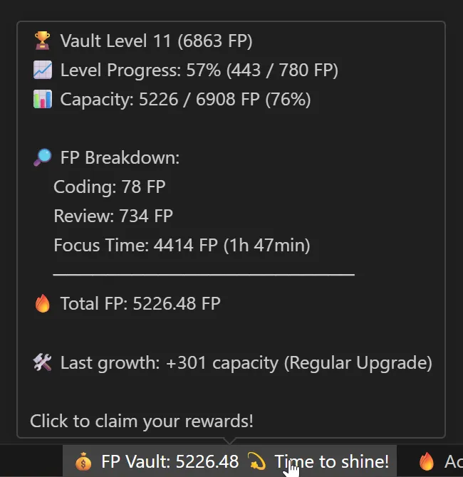 The Vault tooltip in emoji style, listing vault level, level progress, capacity, the FP breakdown by source, total FP, the last capacity growth and the hint to click and claim