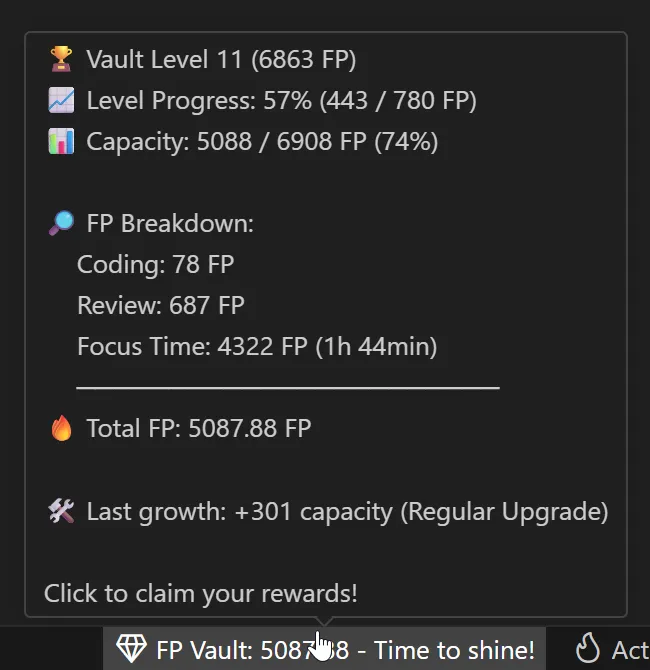 The same Vault tooltip in mixed style: emojis inside the tooltip, VS Code icons in the status bar