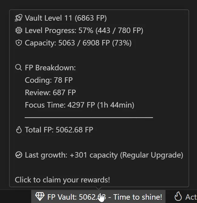 The same Vault tooltip in native style: VS Code codicons throughout, in the tooltip and the status bar