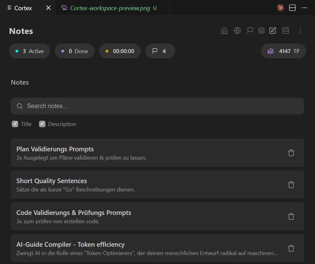 The notes overview listing several markdown notes with search and filter controls