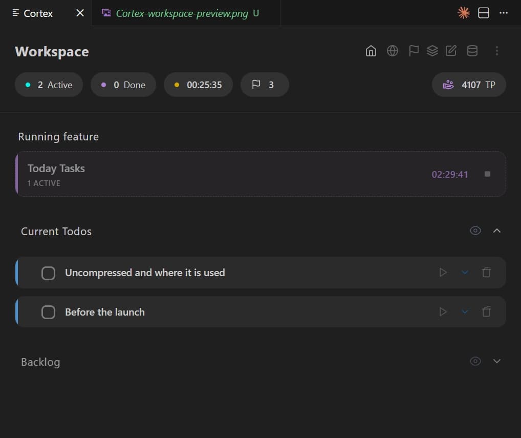 A workspace todo list in Cortex with an expanded todo showing its timer, checklist and notes