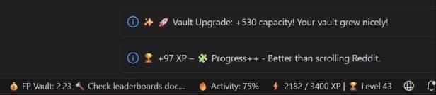 A LevelUp toast notification in VS Code, reporting a claim with a visible auto-close progress bar
