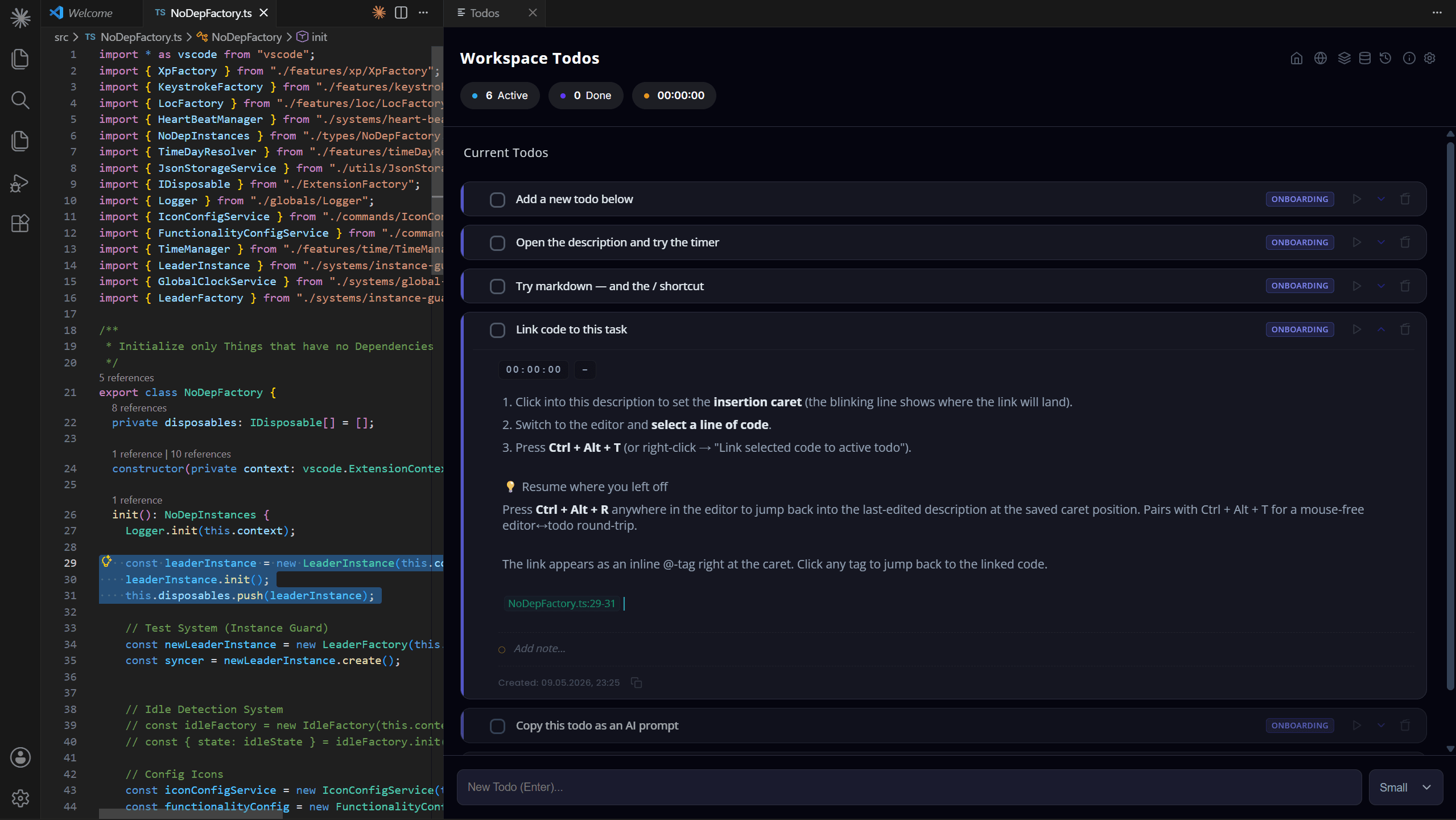 Workspace Todos sidebar with code