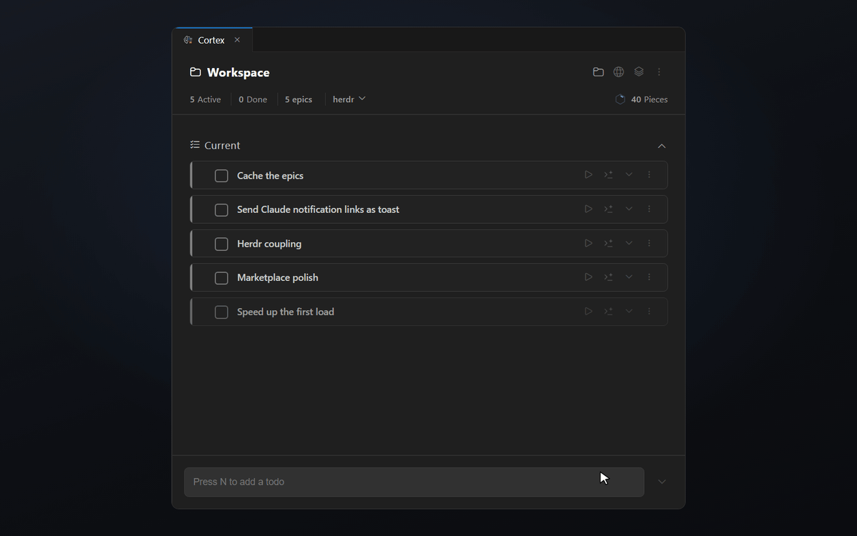 Inline workspaces in Cortex listing the open todos of other projects