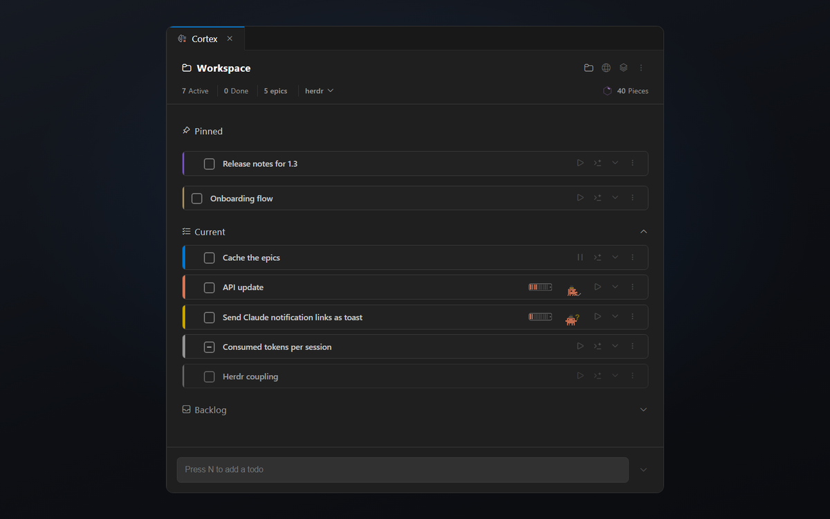 The Cortex views Current, Pending, Pins, Backlog and Epics side by side
