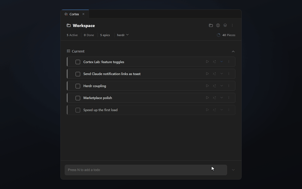 A Cortex todo opened in VS Code with its description, notes, documents, changed files and Claude sessions attached