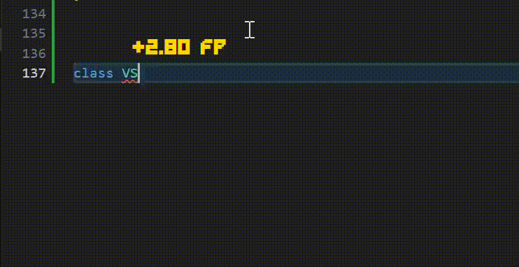 A floating "+2.80 FP" label rising above the caret while a line of code is being typed in the editor