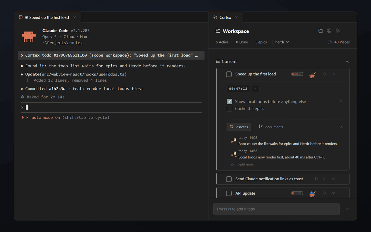 A fresh Claude Code session started from a Cortex todo, with the input pre-filled to read the task first