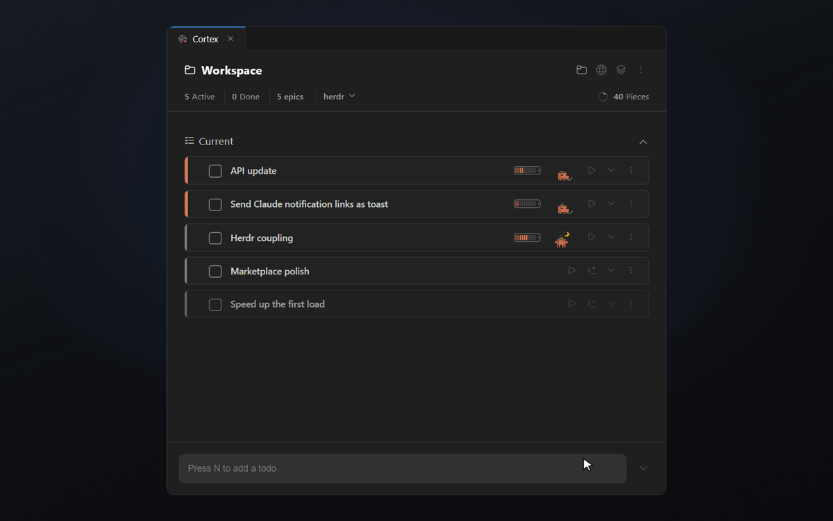 Claude sessions running in Herdr with their live status shown on the linked Cortex todos