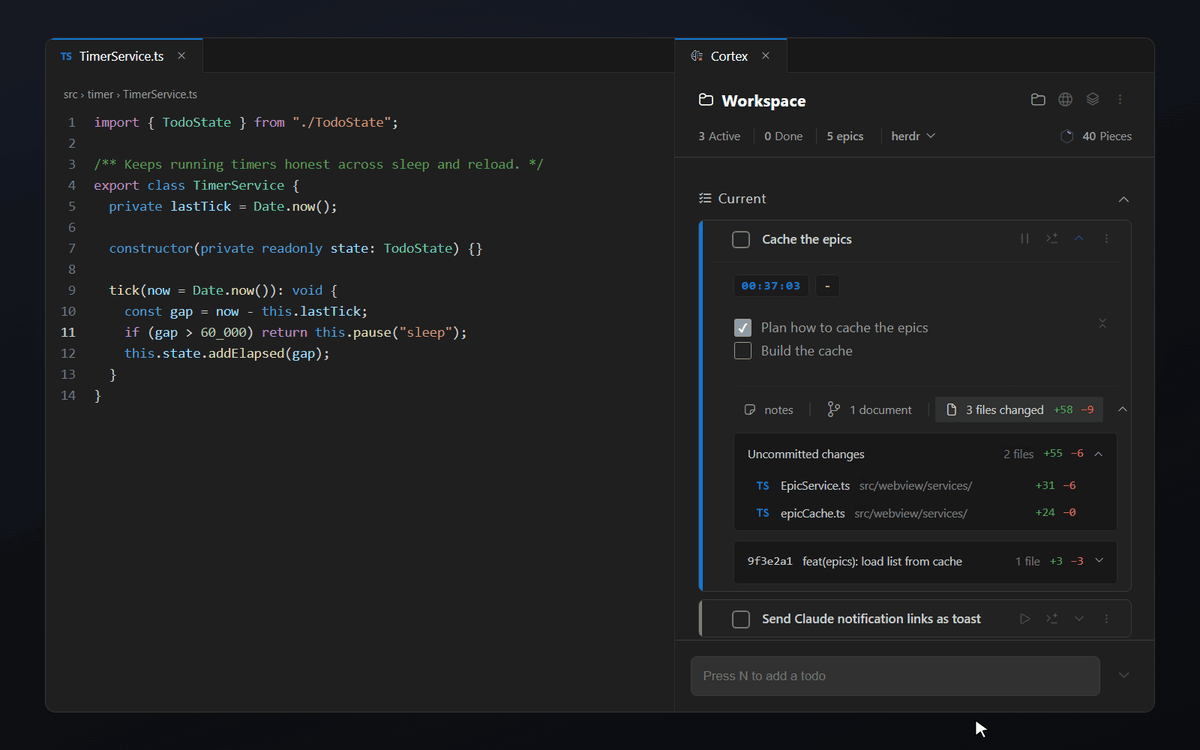 Switching VS Code workspaces while Cortex shows the planned, changed and open todos of each project