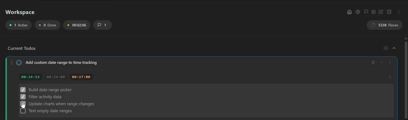 The progress hexagon next to a todo title filling up: the six outer segments fill as a description, sub-steps and logged time are added, while the center dot stays empty until the todo is checked off by hand