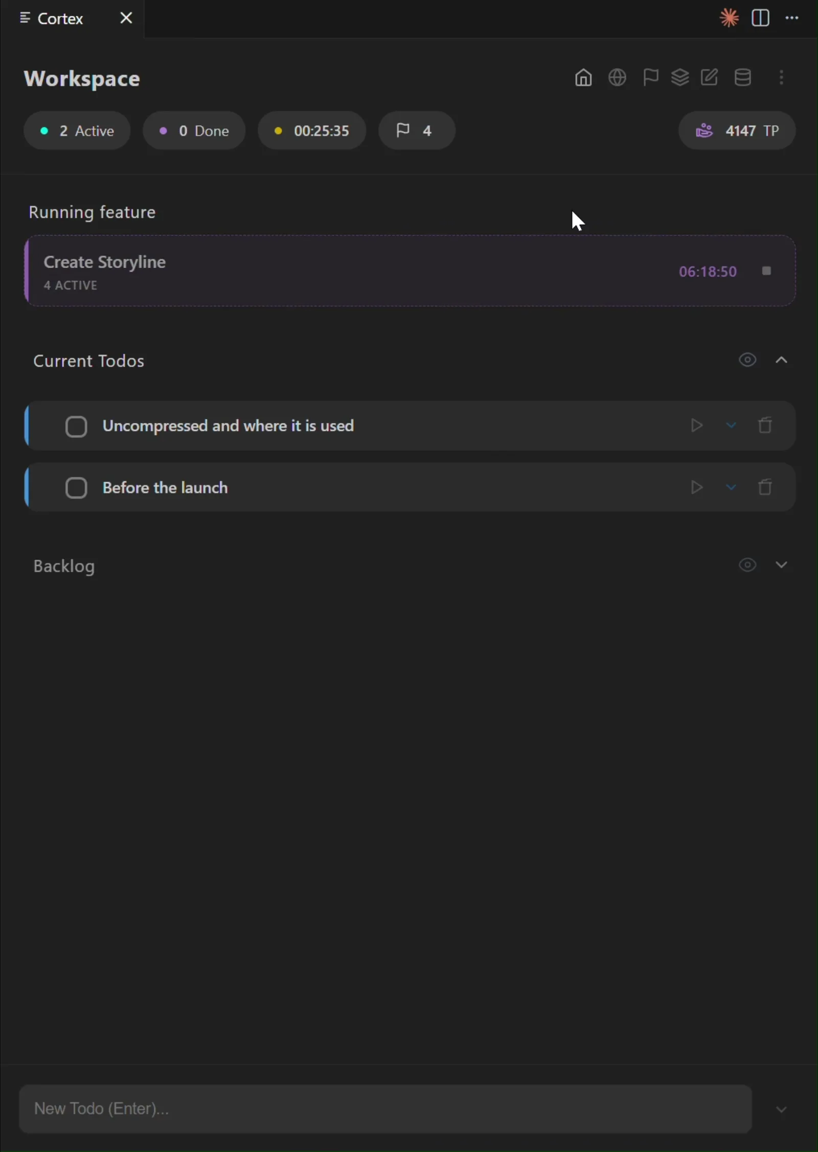 The feature lists overview in Cortex: an active feature list with its breakdown todos, and a completed one below it