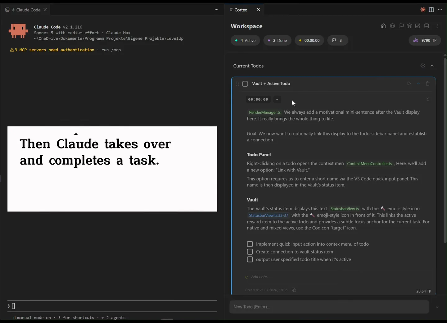 A full walkthrough of Cortex, the LevelUp task workspace in VS Code: todos with estimations and timers, markdown and the slash menu, code linking, notes, feature lists for bigger tasks, and jumping between workspaces
