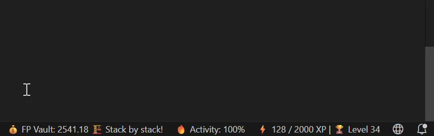 The LevelUp status bar during a claim: the FP Vault empties down to almost zero while the XP progress jumps towards the next level, at 100% activity