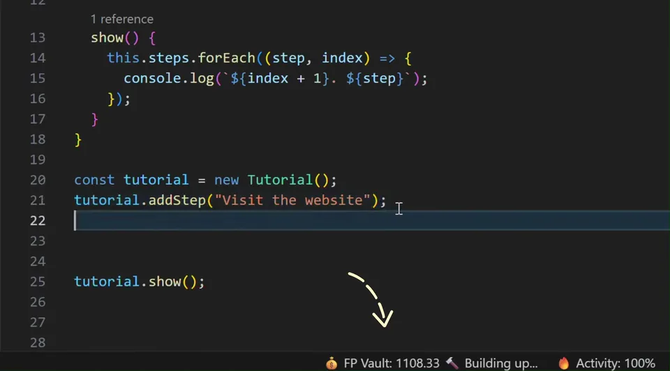 Typing a method into a file in VS Code while the LevelUp status bar counts the FP Vault up — next to it the current activity state, the Activity score and the XP progress towards the next level