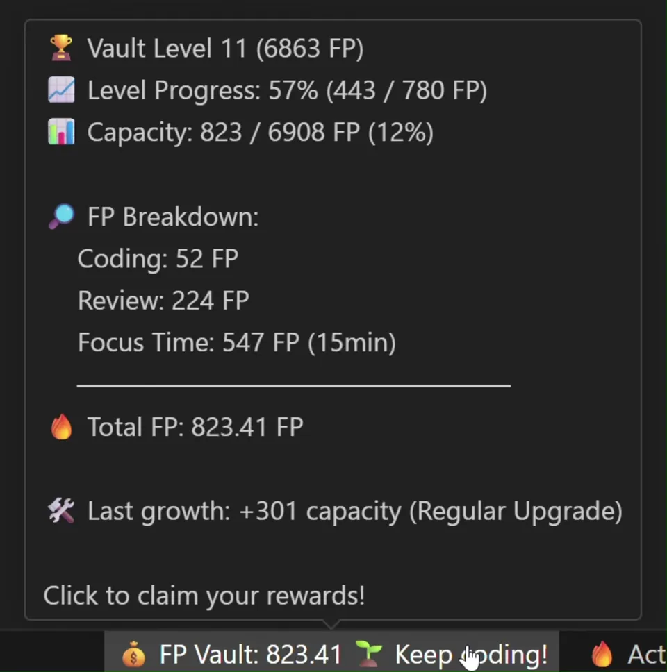 The LevelUp Vault tooltip in VS Code: vault level 11 and its progress, capacity, an FP breakdown by coding, review and focus time, the total FP and a capacity growth roll — ending in "Click to claim your rewards"
